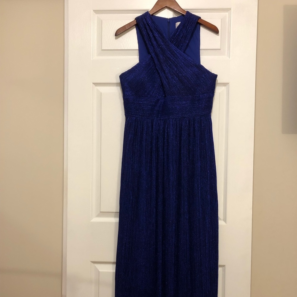 Nicole Miller Pleated Metallic Halter A-Line Gown